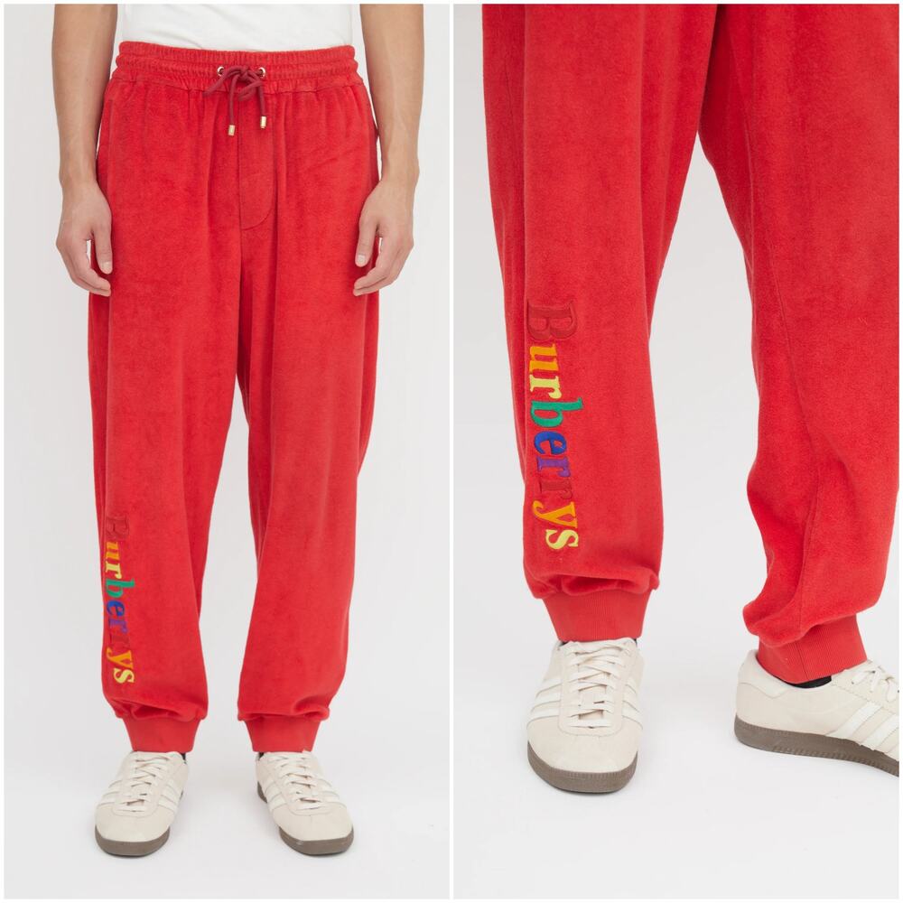 Burberry Terry Logo Sweatpant in Red Rainbow embroidered leg sz Large